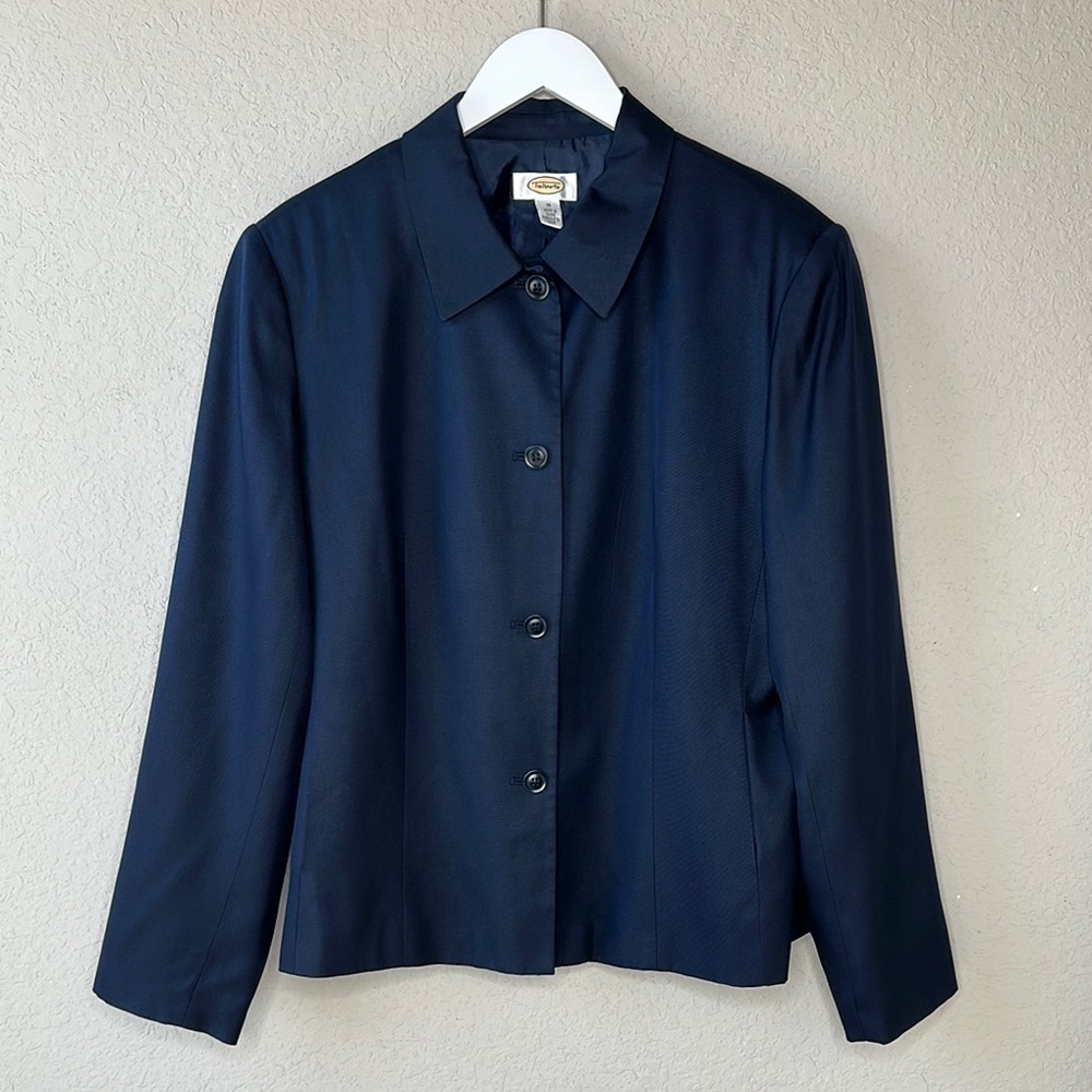 Talbot's 90% Silk Fully Lined Navy Blue Button Up Collared Blazer Jacket Size 16